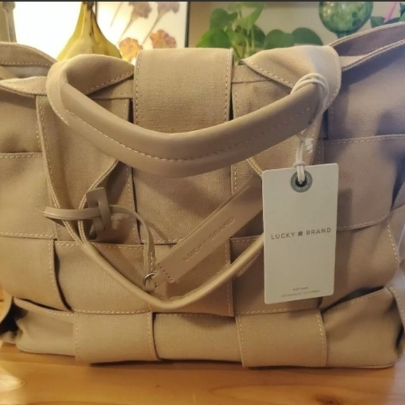 Lucky Brand Handbags - Lucky Brand Dusty Sand Handbag Weave Canvas Purse With Handle and Strap $168 NWT